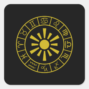 Astrological Zodiac Symbols Wheel+Sun Gold Square Sticker