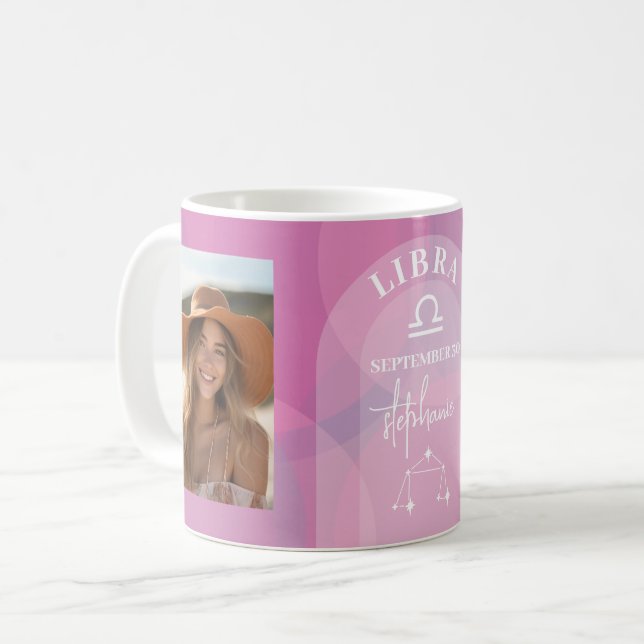 Astrology Libra Zodiac Sign Photo Custom Birthdate Coffee Mug (Front Left)