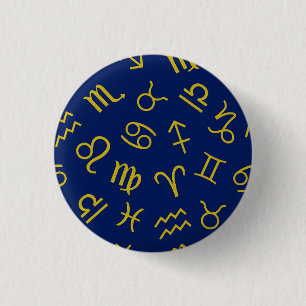 Astrology Sign Symbols Pattern Gold+Dk Blue 3 Cm Round Badge