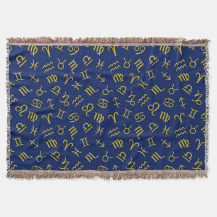 Astrology Sign Symbols Pattern Gold+Dk Blue Throw Blanket