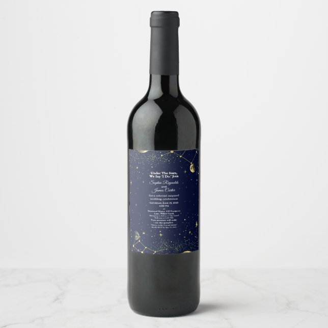 Astrology & Starry Night Theme | Celestial Wedding Wine Label (Front)