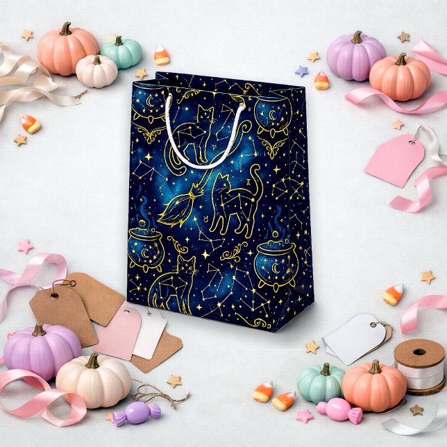 Astrology Teal Gold Witchy Cat Medium Gift Bag (Creator Uploaded)