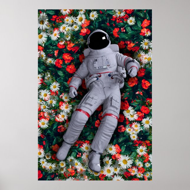 Astronaunt in Red and White Flowers Poster (Front)