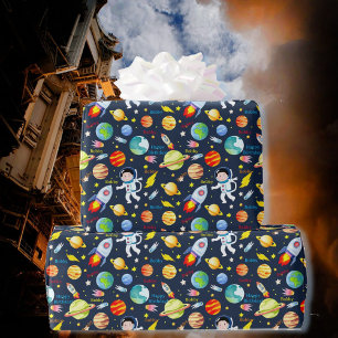 Astronaut Add Name Spaceship Boy's Birthday Wrapping Paper