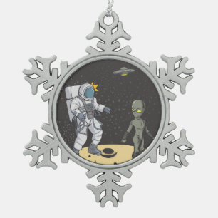 Astronaut and alien  snowflake pewter christmas ornament