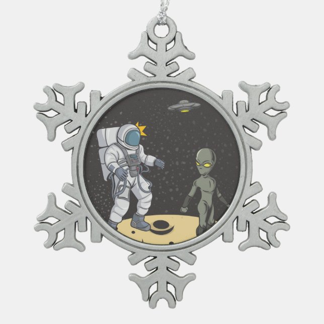 Astronaut and alien  snowflake pewter christmas ornament (Front)