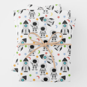 Astronaut and Rocket Space Pattern Wrapping Paper Sheet