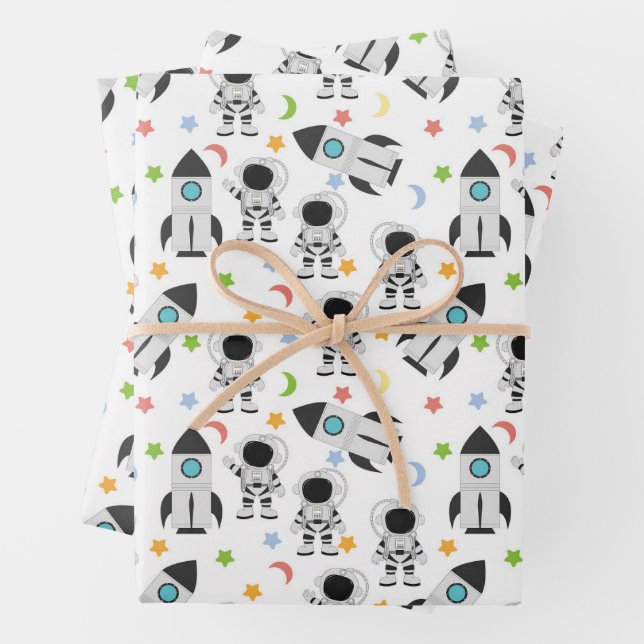  Astronaut and Rocket Space Pattern Wrapping Paper Sheet (In situ)