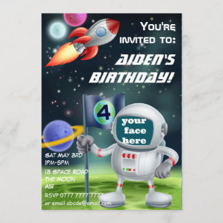 Astronaut and space rocket birthday invite