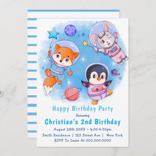 Astronaut Animals  2nd Birthday Invitations  (Front/Back)