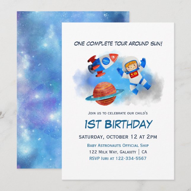 Astronaut Baby Boy 1st Birthday Invitation (Front/Back)