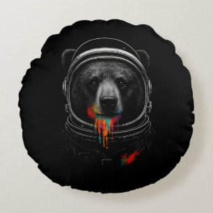 Astronaut Bear with Neon Paint Drips Cosmic Animal Round Cushion