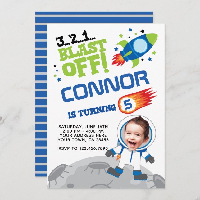 Astronaut Birthday Invitation, With YOUR Photo Invitation (Front/Back)
