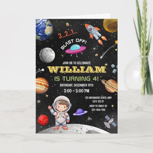 Astronaut Birthday Invite, Outer Space Birthday Invitation (Front)