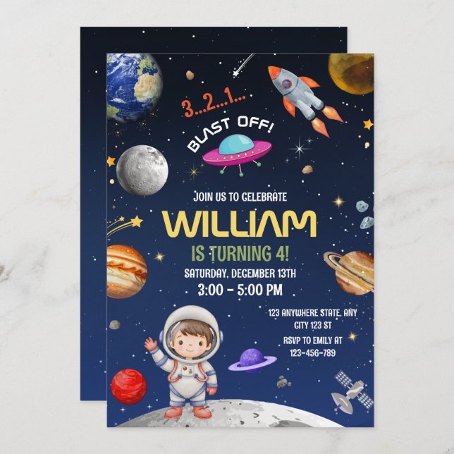 Astronaut Birthday ,Outer Space Galaxy Blast Off Invitation (Front/Back)
