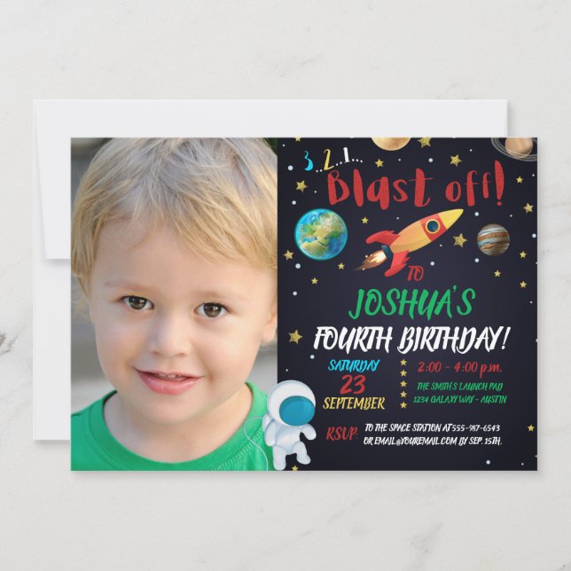 Astronaut Blast Off Birthday Photo Invitation (Front)