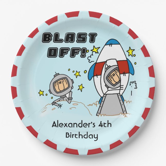 Astronaut Blast Off Happy Birthday Paper Plate (Front)