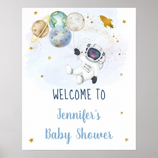 Astronaut Blue Gold Space Baby Shower Welcome Poster (Front)