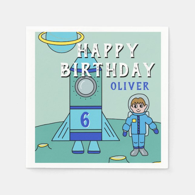 Astronaut Boy and Rocket on Moon Birthday Party Napkin (Front)
