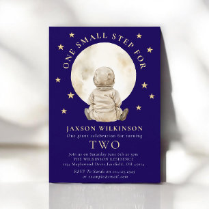 Astronaut Boy Moon Star Watercolor Second Birthday Invitation
