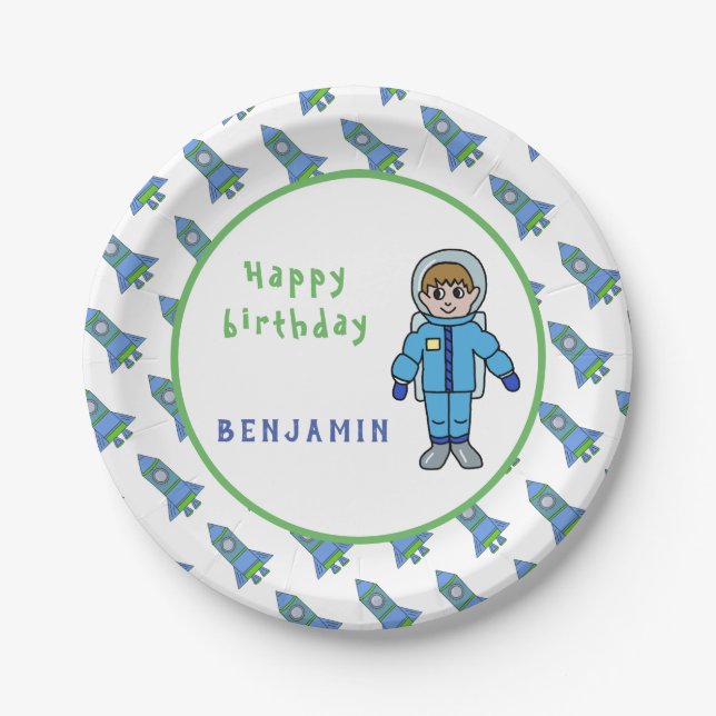 Astronaut Boy Rockets Space Name Birthday Paper Plate (Front)