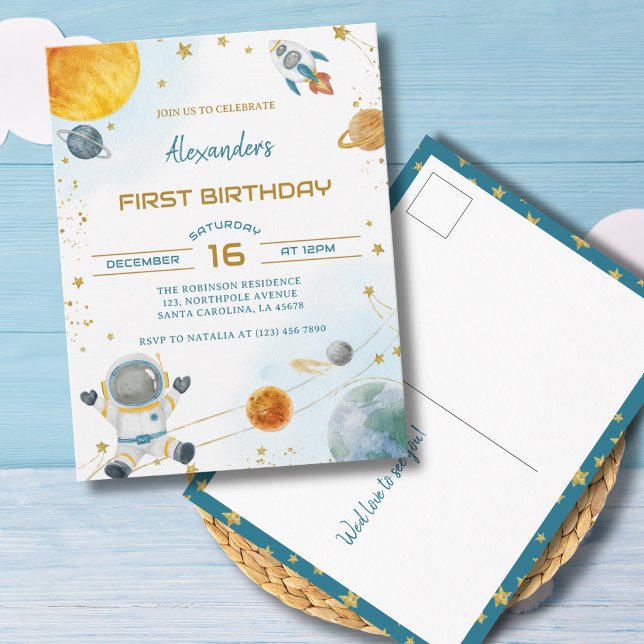  Astronaut Boy Space 1st Birthday Invitation Postcard (Creator Uploaded)