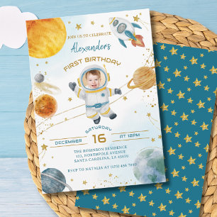 Astronaut Boy Space 1st Birthday Photo Invitation