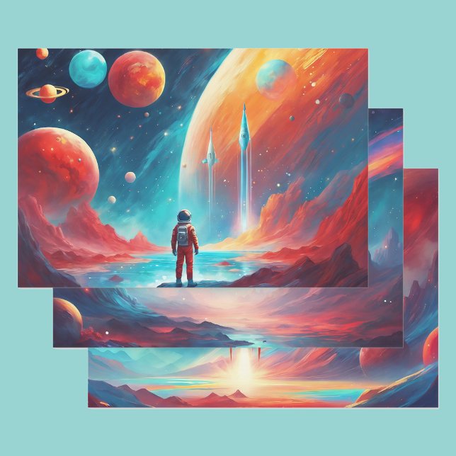 Astronaut Boys Birthday Rocket Outer Space 3 Wrapping Paper Sheet (Creator Uploaded)