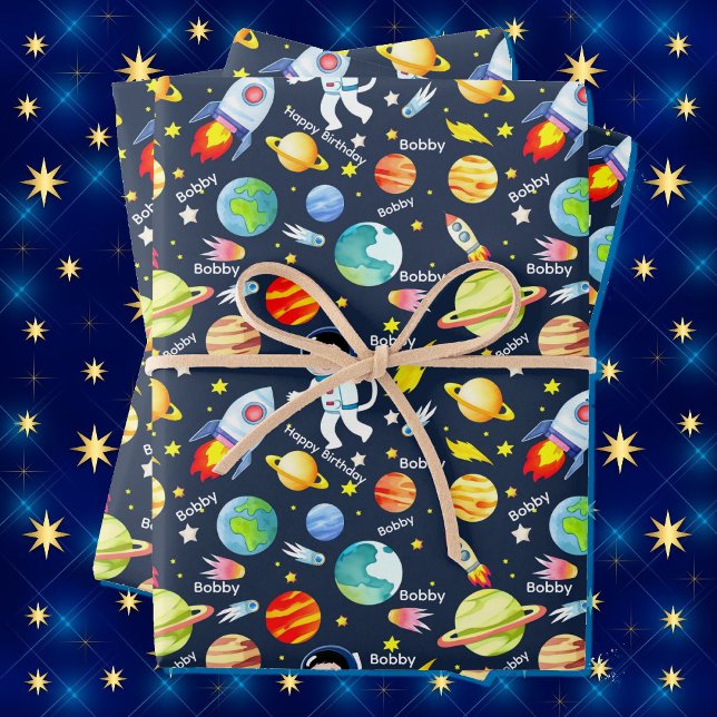 Astronaut Boy's Personalise Name Spaceship Wrapping Paper Sheet (Creator Uploaded)