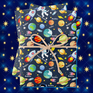Astronaut Boy's Personalize Name Spaceship Wrapping Paper Sheet