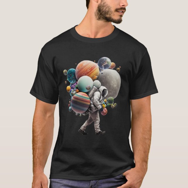 Astronaut carrying Planets and Moons in Space T-Shirt (Front)