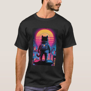 Astronaut Cat City Sunset Retro Skyline Synthwave T-Shirt