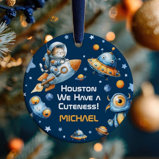 Astronaut Cat Funny Outer Space Baby Name& Photo  Ceramic Tree Decoration (Creator Uploaded)