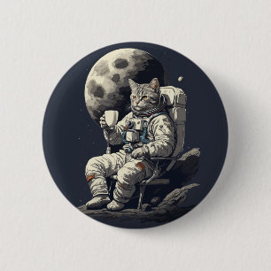 Astronaut Cat Having Cup of Coffee 6 Cm Round Badge