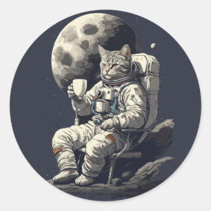 Astronaut Cat Having Cup of Coffee Classic Round Sticker