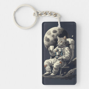 Astronaut Cat Having Cup of Coffee Key Ring