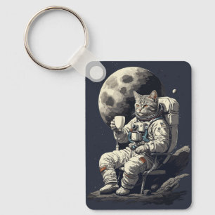 Astronaut Cat Having Cup of Coffee Key Ring