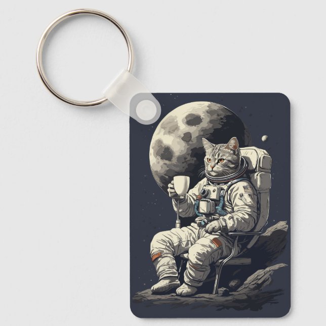 Astronaut Cat Having Cup of Coffee Key Ring (Front)
