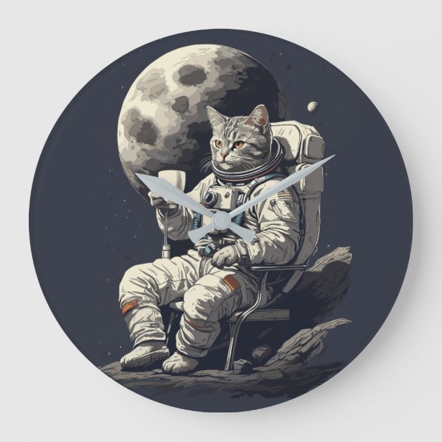 Astronaut Cat Having Cup of Coffee Large Clock (Front)