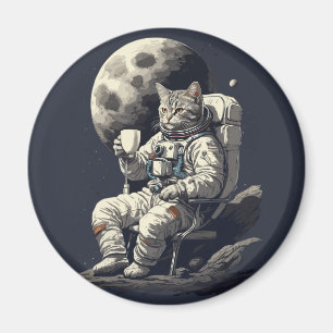 Astronaut Cat Having Cup of Coffee Magnet