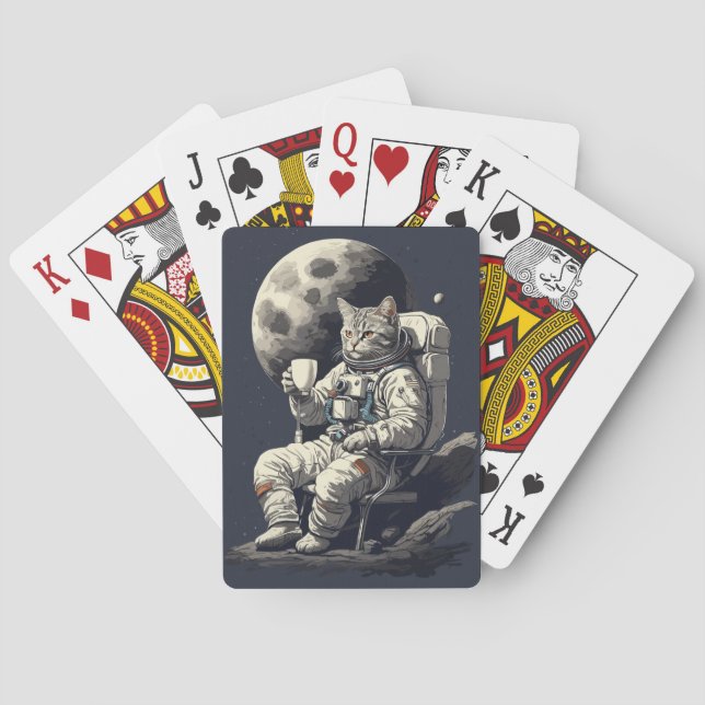 Astronaut Cat Having Cup of Coffee Playing Cards (Back)