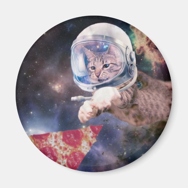 Astronaut cat hunting a pizza slice magnet (Front)