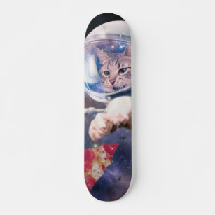 Astronaut cat hunting a pizza slice skateboard