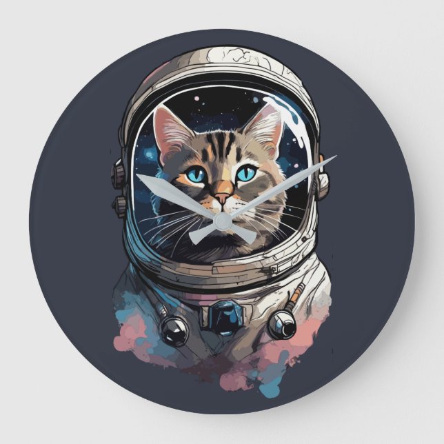 Astronaut Cat In Space Watercolor Art Large Clock (Front)