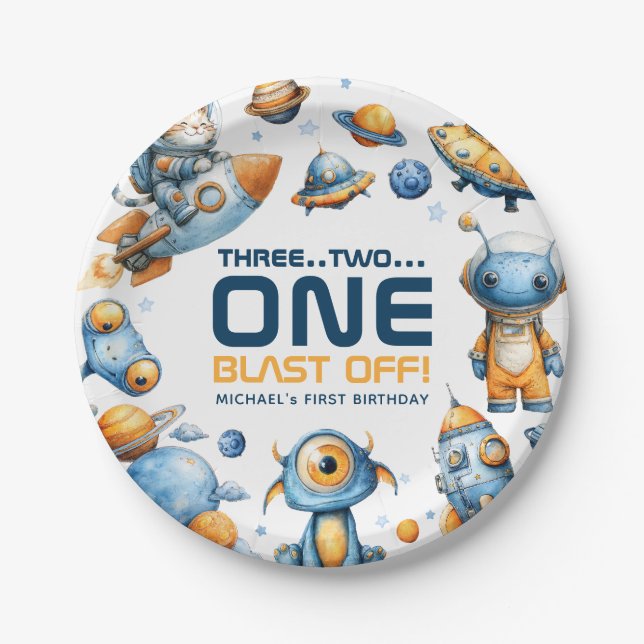 Astronaut Cat Outer Space Blast Off 1st Birthday  Paper Plate (Front)