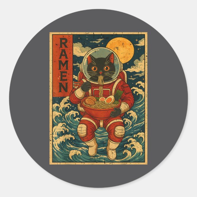 Astronaut Cat Ramen Japanese Graphic Tees Men Wome Classic Round Sticker (Front)