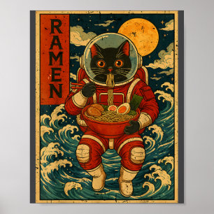 Astronaut Cat Ramen Japanese Graphic Tees Men Wome Poster