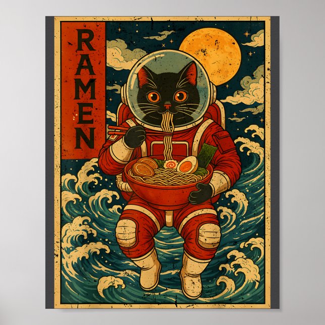 Astronaut Cat Ramen Japanese Graphic Tees Men Wome Poster (Front)