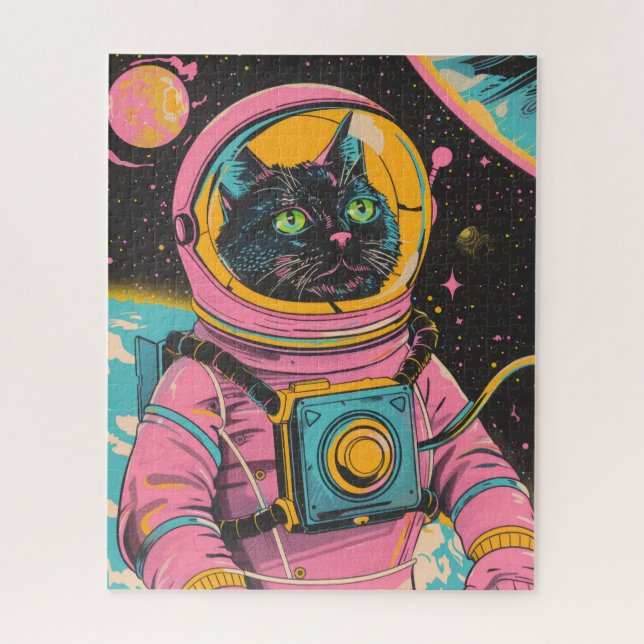 Astronaut Cat Retro Illustration Jigsaw Puzzle (Vertical)
