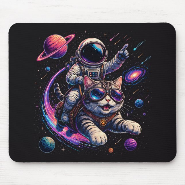 Astronaut cat riding through space mouse mat (Front)